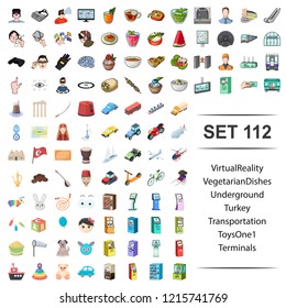 Vector illustration of virtual, reality, vegetarian, dishes, underground, turkey transportation toy terminal icon set.