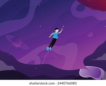 vector illustration of virtual reality world, a vr user floating in outer space, flat design