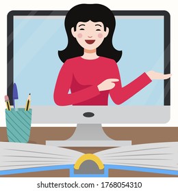 Ilustración vectorial de un profesor virtual enseñando en línea.