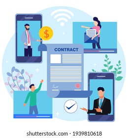 Vector illustration of virtual team distance chat working as a problem solving concept. Collaboration using communication technology. Abstract symbolic teamwork with remote office strategies.