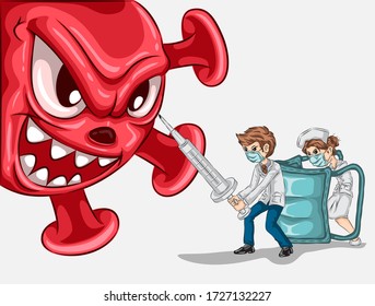 Vector illustration of a virus attack Fighting the virus of the syringe doctor and the nurse holding a mask shield