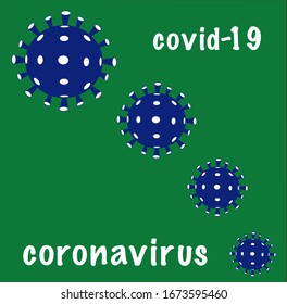 Vector illustration of virus in blue on green background with inscriptions of  coronavirus and covid-19 for poster or leaflet with space for runaround or wraparound text 