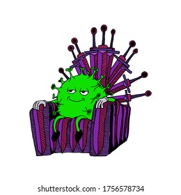 Vector illustration of a virus in cartoon style. Green coronavirus sits on a throne.