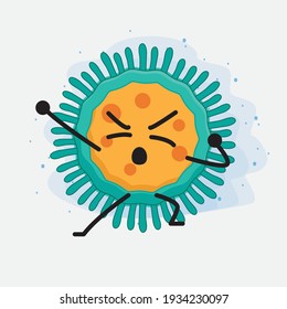 Vektorgrafik des Viruszeichens mit süßem Gesicht, einfachen Händen und Beinlinien auf isoliertem Hintergrund. Flacher Cartoon-Doodle-Stil.