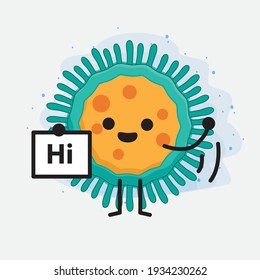 Vektorgrafik des Viruszeichens mit süßem Gesicht, einfachen Händen und Beinlinien auf isoliertem Hintergrund. Flacher Cartoon-Doodle-Stil.