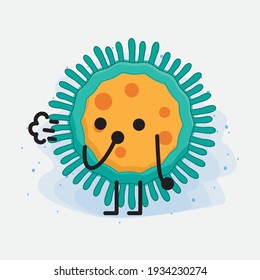 Vektorgrafik des Viruszeichens mit süßem Gesicht, einfachen Händen und Beinlinien auf isoliertem Hintergrund. Flacher Cartoon-Doodle-Stil.