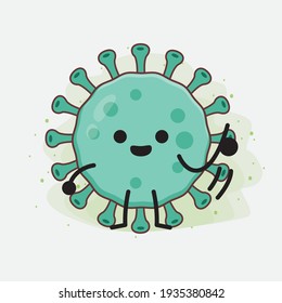 Vektorgrafik des Viruszeichens mit süßem Gesicht, einfachen Händen und Beinlinien auf isoliertem Hintergrund. Flacher Cartoon-Doodle-Stil.