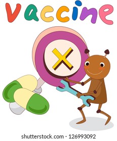A vector illustration of a virus character looking for a vaccine