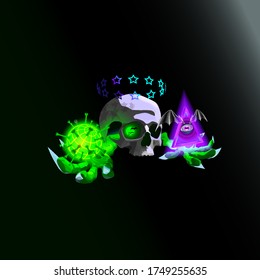 ilustración vectorial; virus COVID-19; la escoria; alas; murciélago; logotipo; geométrico; fuente; decoración; elemento; estilo; microscópico; plantilla; forma; diseño