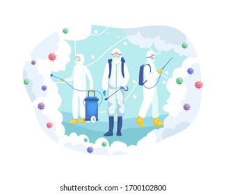 Vector illustration Virus disinfection concept. Medical scientists in hazmat suits cleaning and disinfecting coronavirus cells epidemic mers covid19. Virus disinfection illustration in a flat style