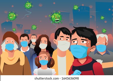 A vector illustration of Virus Epidemic Attacking People Wearing Masks