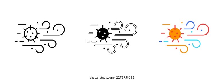 A vector illustration of a virus particle suspended in the air, represented by motion lines and swirls around it. Vector set of icons in line, black and colorful styles isolated.