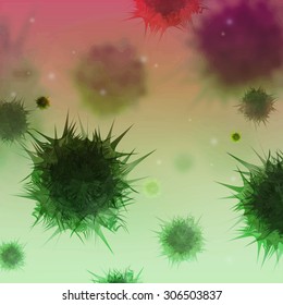 Vector illustration virus. Pink and green cell background. Biology, medicine. The bacterium under the microscope. EPS 10