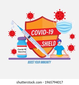 Vector illustration of virus protection shield, security shield protecting from corona virus, protect your from covid-19, coronavirus, flat vector concept.