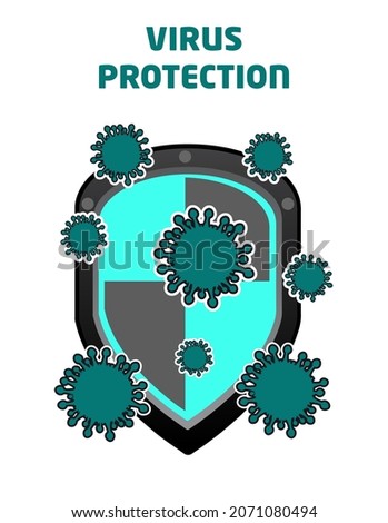 Vector illustration of virus protection. Shield and virus in a green color isolated on a white background. quarantine healthcare, computer antivirus – software used to prevent, scan, detect viruses
