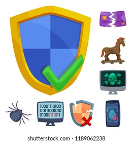 Vector illustration of virus and secure icon. Set of virus and cyber vector icon for stock.