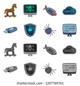 Vector illustration of virus and secure sign. Set of virus and cyber vector icon for stock.