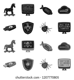 Vector illustration of virus and secure sign. Set of virus and cyber stock symbol for web.