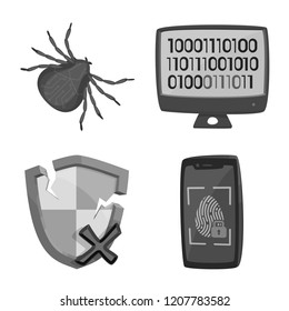 Vector illustration of virus and secure sign. Collection of virus and cyber stock vector illustration.