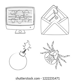 Vector illustration of virus and secure sign. Set of virus and cyber stock vector illustration.