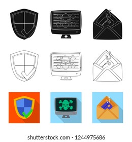 Vector illustration of virus and secure sign. Set of virus and cyber stock vector illustration.
