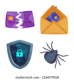 Vector illustration of virus and secure sign. Set of virus and cyber stock vector illustration.