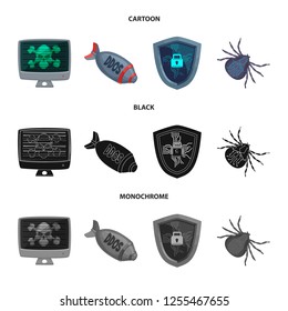 Vector illustration of virus and secure sign. Set of virus and cyber stock vector illustration.