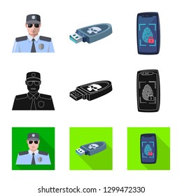 Vector illustration of virus and secure sign. Set of virus and cyber stock vector illustration.