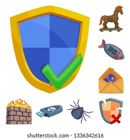 Vector illustration of virus and secure sign. Set of virus and cyber stock vector illustration.