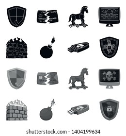 Vector illustration of virus and secure sign. Set of virus and cyber stock vector illustration.