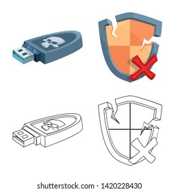 Vector illustration of virus and secure sign. Set of virus and cyber stock symbol for web.
