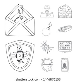 Vector illustration of virus and secure sign. Set of virus and cyber stock symbol for web.