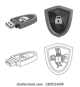 Vector illustration of virus and secure symbol. Set of virus and cyber stock vector illustration.