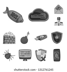Vector illustration of virus and secure symbol. Set of virus and cyber stock vector illustration.