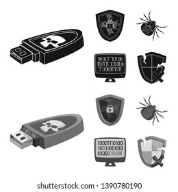 Vector illustration of virus and secure symbol. Set of virus and cyber stock vector illustration.