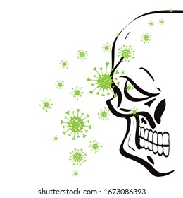 Ilustración vectorial de virus con cráneo en fondo blanco. Símbolo de enfermedad mortal y coronavirus.
