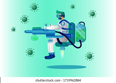 vector illustration of a virus sprayer using modern hazmat clothes and riding a sophisticated aero flying chair. stop coronavirus (covid-19)