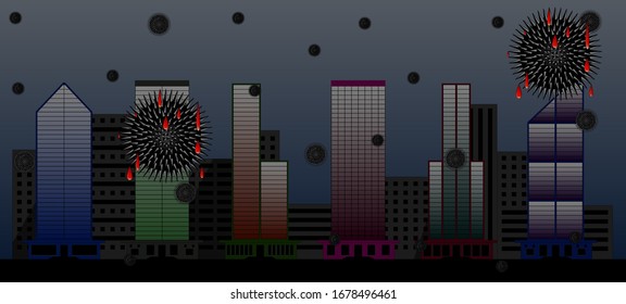 Vector illustration of virus strikes a city with high rise buildings. 