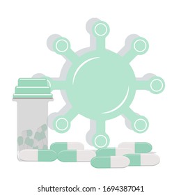 Vector illustration of virus and tablets. Concept of protection and prevention