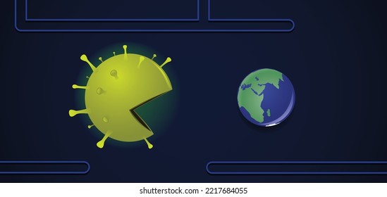 vector illustration of a virus try to eats the world like in a videogame
