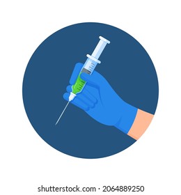 Vector illustration of virus vaccination. A doctor's gloved hand holds a syringe. Concept of vaccination isolated on blue and white background.