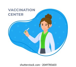 Ilustración vectorial de la vacuna del virus. vacunarse contra la enfermedad. Vacuna en jeringa. Pandemia. Centro de vacunación. Médica con una jeringa de vacuna.