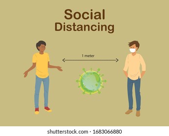 vector illustration of viruses and people keeping distance for infection risk and disease prevention measures
