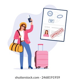 Vector illustration of visa approval. Cartoon scene of smiling girl traveler wearing pink jacket, blue pants and hat, heels, suitcase, bag, visa approved with tickets isolated on white background.