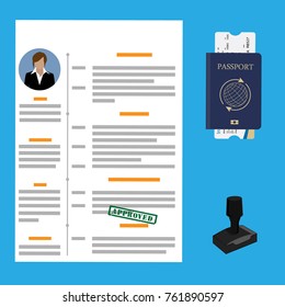 Vector illustration visa stamping approved. Passport or visa application. Travel immigration stamp