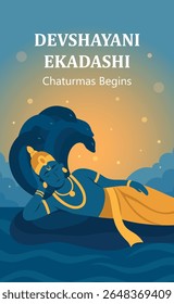 Vector illustration of Vishnu sleeping on snake Shesha in the ocean symbolizes the beginning of Chaturmas Devshayani Ekadashi. Vector illustration with spiritual and cultural significance in Hinduism