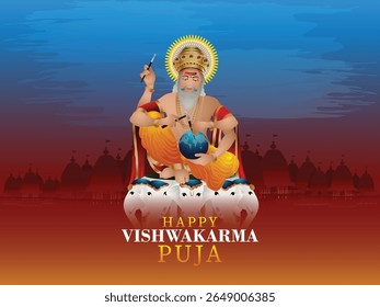 Ilustração vetorial do dia do puja vishwakarma para o deus vishwakarma, arquiteto e engenheiro divino do universo