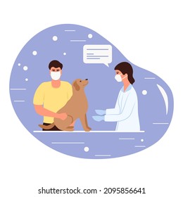 Vector illustration Visit to doctor with dog. Veterinary clinic hospital. Healthcare service. Vet checkup. Veterinarian examining dog. Vet doctor curing pets. Medical center for domestic animals