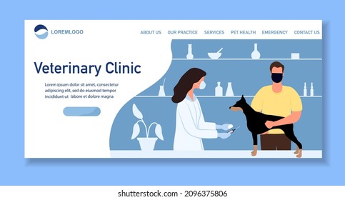 Vector illustration Visit to doctor with dog. Veterinary clinic hospital. Healthcare service. Vet checkup. Veterinarian examining dog. Vet doctor curing pets. Medical center for domestic animals