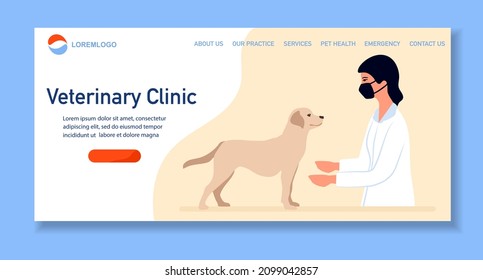 Vector illustration Visit to doctor with dog. Veterinary clinic hospital. Healthcare service. Vet checkup. Veterinarian examining dog. Vet doctor curing pets. Medical center for domestic animals